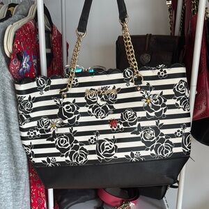 Betsy Johnson Black and White Striped Floral and Embellished Tote Bag